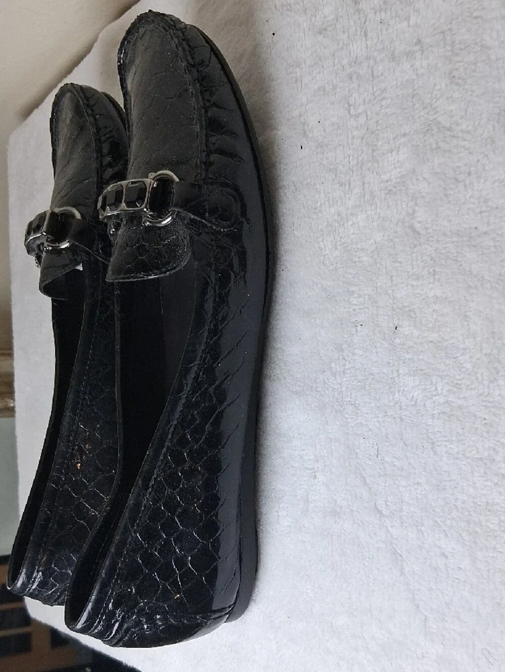 Stuart Weitzman Black Patent Croc-Embossed Leather Loafers with Silver Hardware